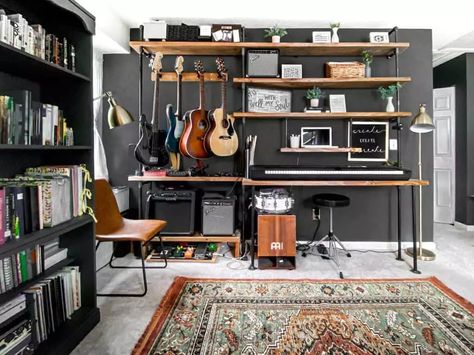 15 Best Music Room Ideas To Design in Your Home | Foyr Studio, Home Office, Small Music Room Ideas Home, Office Music Room, Home Music Rooms, Home Music Studio Ideas, Music Room Ideas Home Studio, Music Room Office, Basement Music Studio