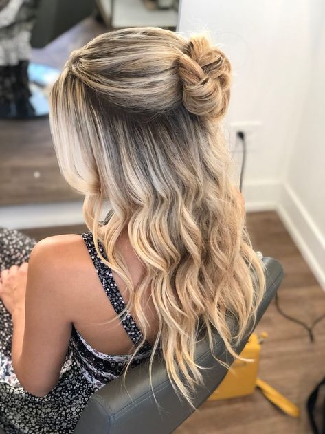 half up half down bun with waves |hairstyle by goldplaited Balayage, Down Hairstyles, Curled Braided Hair, Easy Hairstyles For Long Hair, Half Up Half Down Short Hair, Curly Half Up Half Down, Half Up Half Down Hair Prom, Curly Hair Half Up Half Down, Ball Hairstyles