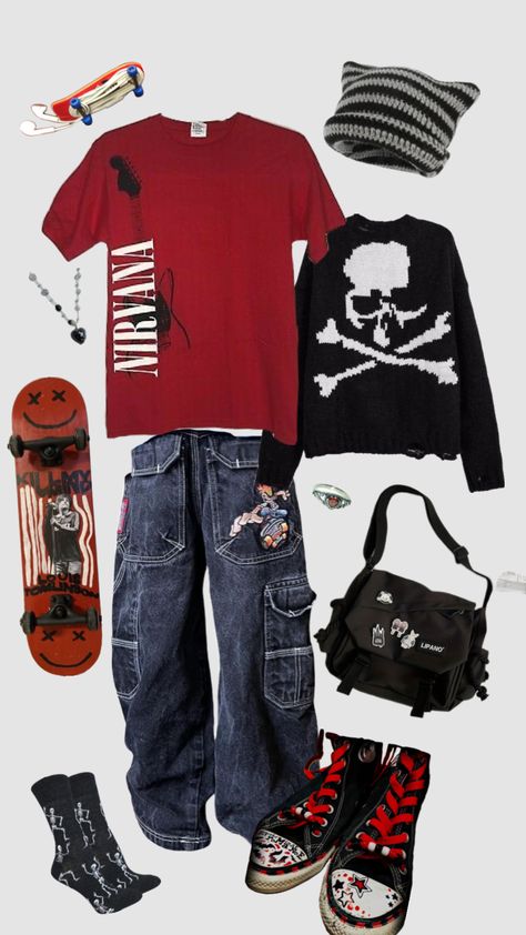 a cool red and black themed outfit #outfitinspo #vibes #outfit #skater #grunge #redblackoutfit Emo Style, Clothes, Cool Outfits, Emo, Giyim, Moda, Styl, Style, Outfit