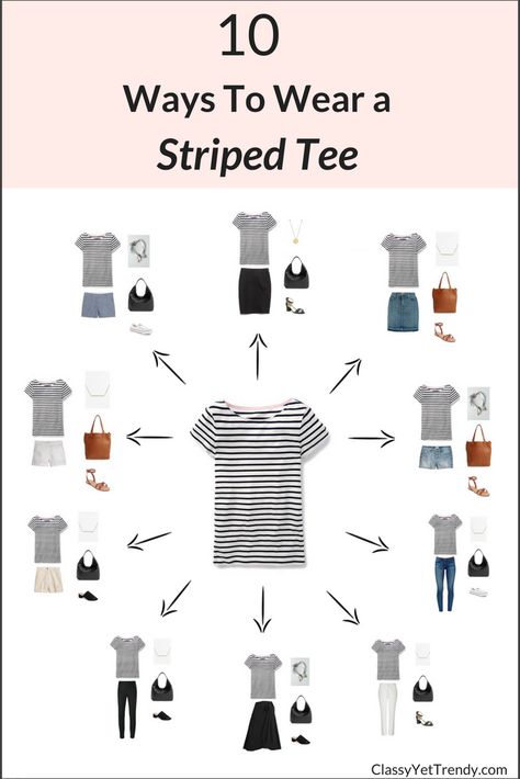 10 Ways To Wear A Striped Tee / T-Shirt - If you have a striped tee in your closet, it can be worn casual with jeans or shorts, plus it can be dressed up with a skirt, pants or with a blazer.  Even though the pattern is stripes, when the stripes are a dark navy or black, it becomes a neutral pattern that can even be worn with other patterns! Womens Fashion, Outfits, Casual, Capsule Wardrobe, What To Wear, Striped Tee, Fashion Capsule Wardrobe, How To Wear, Capsule Outfits