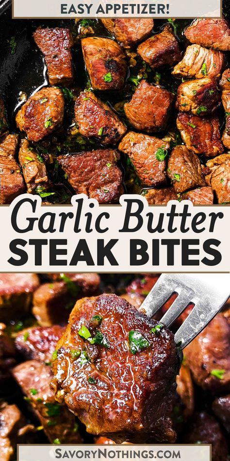 These Garlic Butter Steak Bites are quick and easy to make – and they vanish fast! Serve them as finger food on appetizer night, as part of your game day spread or as part of a fun family dinner date. | #dinnerdate #steakbites #appetizer