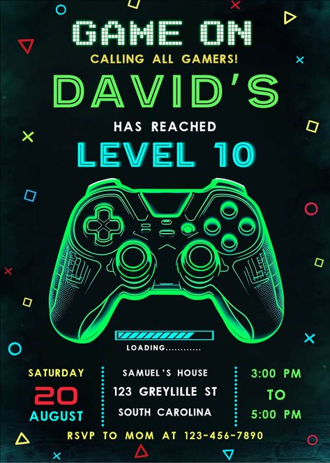 Get ready for a neon glow gamer party with our Video Game Birthday Invitation! This digital invitation template is perfect for your little gamer's Level 10 celebration. Key Features: .: Editable Template: Our Video Game Birthday Invitation is fully customizable, allowing you to personalize the details to suit your event. Add your child's name, party date, time, location, and any other fun information to make it uniquely theirs. .: Printable and Digital: Whether you prefer a printable or digital invitation, our template has you covered! Choose to print the invitations at home or at a local print shop, or send them digitally via email .: Neon Glow Gamer Party Theme: Delight your guests with the vibrant and exciting neon glow gamer party theme. The colorful design sets the perfect tone for a Neon, Invitations, Birthday Invitations, Boy Birthday Party Invitations, Birthday Party Themes, Xbox Party, Birthday Invitation Templates, Video Game Party Theme, Gamers Party Ideas
