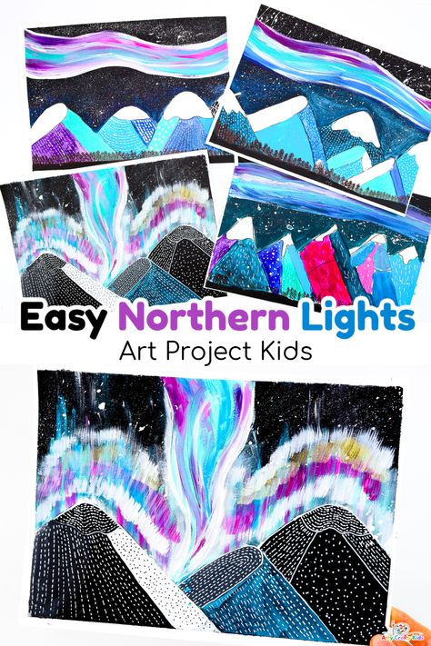 Crafts, Northern Lights, Nature, Diy, Winter Art Lesson, Winter Art Projects, Winter Art Kindergarten, Northern Lights Art Project, Art Activities For Kids