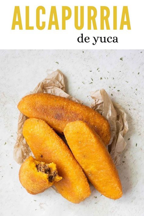 top view of 3 alcapurrias de yuca and a piece of one on the side. Puerto Rico, People, Apps, Snacks, Caribbean Recipes, Puerto Rican Yuca Recipes, Alcapurrias Recipe, Puerto Rican Cuisine, Puerto Rico Food
