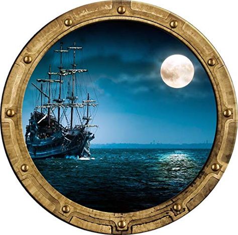 18" Port Scape Instant Sea Window View Ship in Moonlight #1 Rustic Porthole Wall Decal Sticker Graphic Pirate Boat Oc... Wall Decals, Decoration, Design, Art, Boat Wall, Porthole Wall Decal, Porthole Window, Painted Vinyl, Nautical Theme