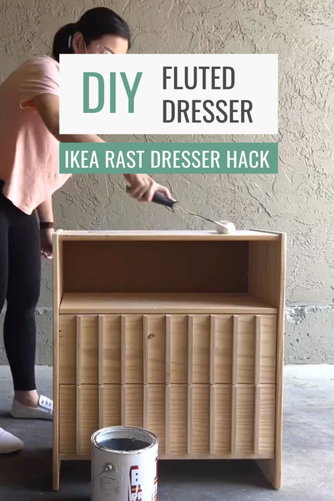 In this IKEA hack, I flipped the Rast dresser by removing the top drawer, built shelves above the second drawer and below the third drawer, gave the remaining two drawers a fluted design and redesigned the legs to give it a more modern look! Click to see YouTube Tutorial! ✨ Ikea, Deko, Deco, Decoracion De Interiores, Diy Deko, Sala, Ikea Rast, Ikea Hack, Dresser