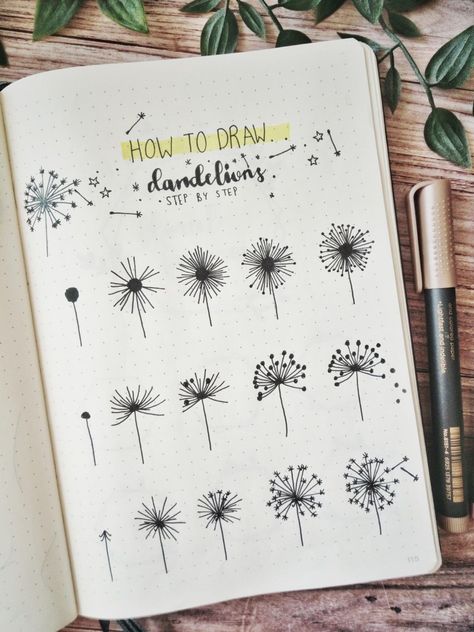 Learn how to draw dandelions step by step for your bullet journal with these free printables! Diy, Dot Journals, Journal Doodles, Journal, Bullet Journal Doodles, Bullet Journal Art, Bujo, Creating A Bullet Journal, Journal À Bulles