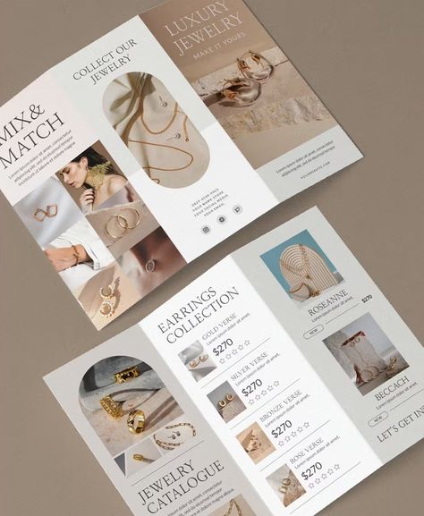 Jewelry Store Tri-Fold Brochure Template AI, EPS Instagram, Layout, Layout Design, Packaging, Brochures, Jewelry Catalog, Trifold Brochure, Trifold Brochure Template, Trifold Brochure Design