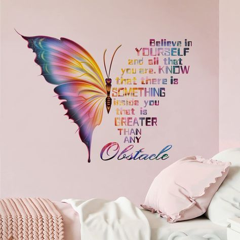 PRICES MAY VARY. Premium Wall Decals: Our neutral colorful uplifting butterfly quote wall decals are designed with various vivid patterns and phrases like believe in yourself and that you are. Know that there is something inside you that is greater than any obstacles, perfectly DIY a magic space for baby infant toddler girls, pre-teen girls. Our nursery wall arts are made of high quality semi-gloss vinyl materials, which are suitable for walls of living room, bedroom, playroom, nursery room, pre Wall Quotes, Motivation, Yoga, Believe In You, Positive Walls, Believe In Yourself Quotes, Inspirational Wall Decals, Wall Decal Quotes Inspirational, Bedroom Quotes