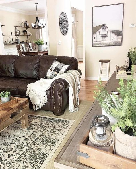 18 Farmhouse Living Rooms With Brown Couches Interior, Michigan, Living Rooms, Modern Farmhouse Living Room, Cozy Living Rooms, Brown Couch Living Room, Brown Couch Decor, Home Living Room, Dark Brown Couch Living Room