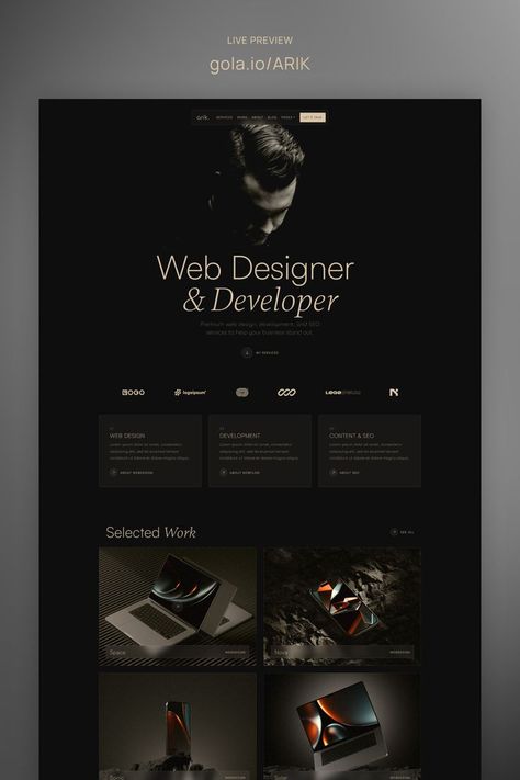 Arik is a minimal & modern Portfolio Framer Template perfectly suited for freelancers, designers, agencies or your personal portfolio. Web Developer Portfolio Website, Portfolio Website Design Inspiration, Webpage Design Layout, Personal Website Design, Web Design Inspiration Portfolio, Personal Website Portfolio, Minimal Website Design, Web Portfolio, Modern Website Design