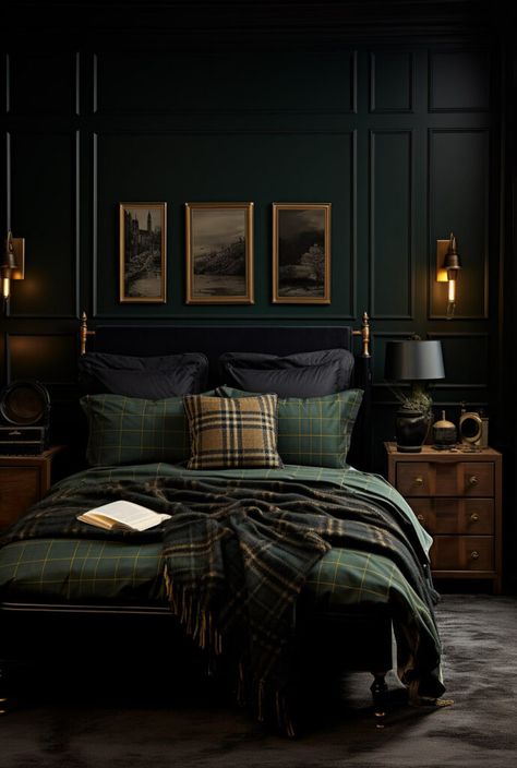If you're obsessed with the dark academia interior design style, you'll want to read this! Tons of practical tips to get the DA look in your own home! Dark Academia Guest Bedroom, Dark Acadamia Bedrooms, Cozy Dark Academia Bedroom, Dark Academia Bed, Dark Cozy Bedroom Ideas Romantic, Dark Cozy Bedroom, Dark Academia Nightstand, Dark Academia Living Room, Dark Academia Bedding