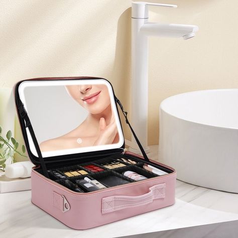 The perfect makeup bag with mirror and light. This makeup bag has compartment that can be adjusted accordingly. Waterproof and spacious. Above all its pink💕 available only in Amazon India Large Makeup Case, Cosmetic Case, Cosmetic Box, Makeup Travel Case, Cosmetic Storage, Cosmetic Bag, Makeup Bag, Makeup Case, Makeup Train Case