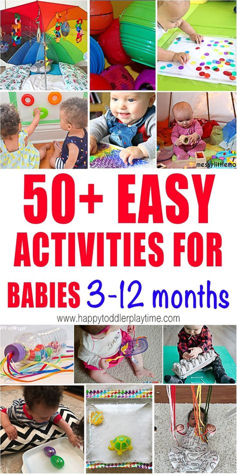 50  Activities for Babies 3-12 Months - HAPPY TODDLER PLAYTIME Here are 50+ simple activities for babies you can easily create at home. From sensory bags to baby sticky walls, there are tons of ideas here for your baby. #babyactivities #babyplay #baby Montessori, Baby Play, Baby Sensory Play, Baby Development Activities, Baby Learning Activities, Baby Sensory, Best Toddler Toys, Baby Learning, Baby Development