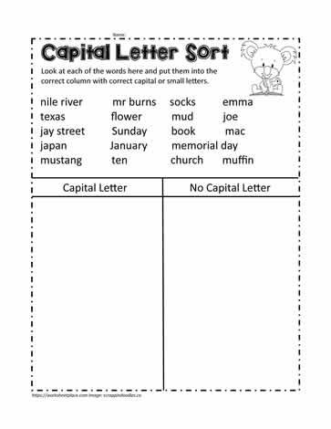 T Chart to Sort Capital Letters Worksheets, Word Sorts, Use Of Capital Letters, Cvc Words Kindergarten, Punctuation Worksheets, Letter Worksheets, Letter Sorting, Parts Of Speech Worksheets, English Lessons For Kids