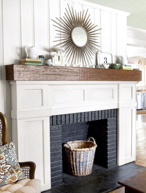 A Fireplace Face-Lift for Just $87 - This Old House Home, Home Décor, Design, Wood Mantle Fireplace, Fireplace Mantle, Fireplace Redo, Fireplace Decor, Wood Fireplace, Brick Fireplace Makeover