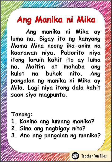 Teacher Fun Files: Filipino Reading Materials with Comprehension Questions Worksheet For Grade 2 Filipino Pagbasa, Filipino Words, Watawat, Tagalog Words, Tagalog Reading Comprehension For Grade 3, Filipino, Short Stories For Kids, Learn English Words, Phonics Reading