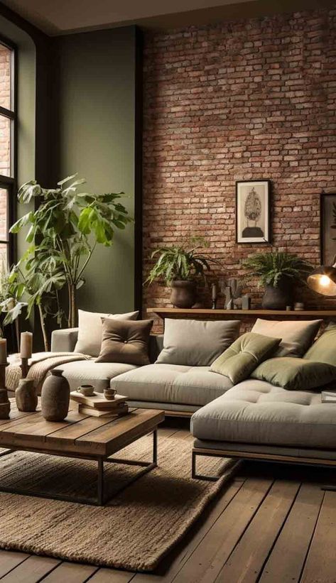 Interior, Industrial Chic, Home Décor, Living Room Brick Wall, Brick Wall Interior Living Room Modern, Living Room With Brick Wall, Brick Wall Living Room Ideas, Exposed Brick Walls Living Room, Red Brick Wall Living Room