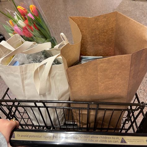 Grocery cart picture with a tote bag and a paper bag filled with healthy groceries and a bouquet of flowers tulips That girl aesthetic grocery shopping Outfits, Accessories, Girl, Pretty, Aesthetic, Picture, Daily, Red, Bouquet