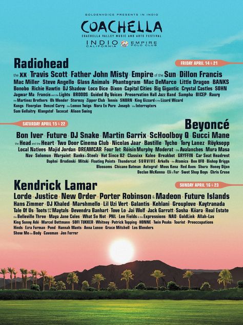 How many of you travel the world to experience music festivals? Coachella just announced their 2017 lineup! Beyonce, Radiohead, Kendrick Lamar, Lorde, Travis Scott... oh my! Beyoncé, Coachella, Lady Gaga, Coachella Weekend 1, Coachella Tickets, Coachella Lineup, Concert, Coachella Valley Music And Arts Festival, Coachella Music