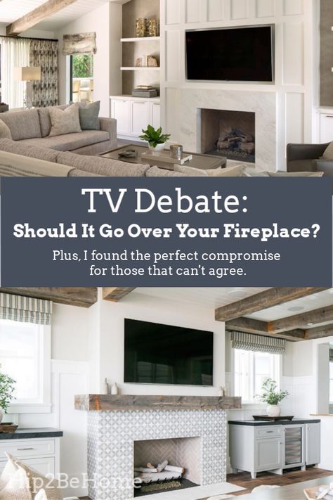 Debate: Should Your TV Go Over Your Fireplace? (Plus the Perfect Compromise!) Interior, Home, Built In Around Fireplace, Tv Mount Over Fireplace, Fireplace Mounted Tv, Fireplace Tv Mantle, Fireplaces With Tv Above, Fireplace Tv Wall Built Ins, Tv Mount Fireplace