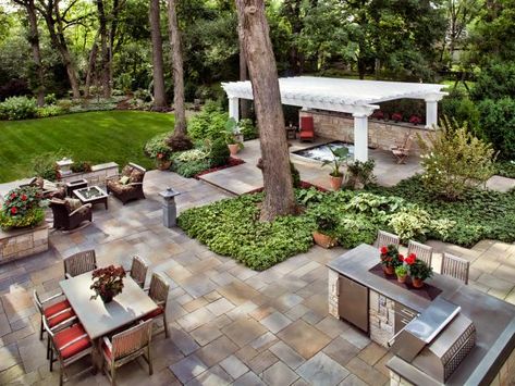 HGTV: Landscape architect Bob Hursthouse designed a backyard retreat fit for celebrating all of life's milestones. The family-friendly space offers multiple seating and dining areas, a hot tub and a pergola, making it perfect for hosting gatherings of all sizes. Exterior, Decks, Porches, Back Garden Landscaping, Backyard Patio, Backyard Layout, Outdoor Entertaining Area, Backyard Landscaping, Patio Bar