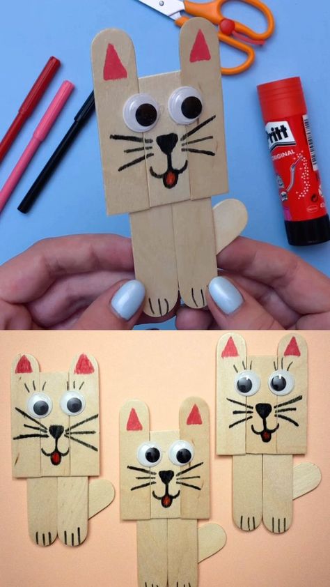 Popsicle Stick Kitty Craft- cute popsicle stick craft for kids to make. Fun popsicle stick art project for classrooms and kids. Cat craft. Diy, Crafts, Craft Stick Crafts, Craft Stick Projects, Kids Craft Projects, Popcical Stick Crafts Kids, Craft Projects For Kids, Craft With Popsicle Sticks, Popsicle Stick Crafts For Kids