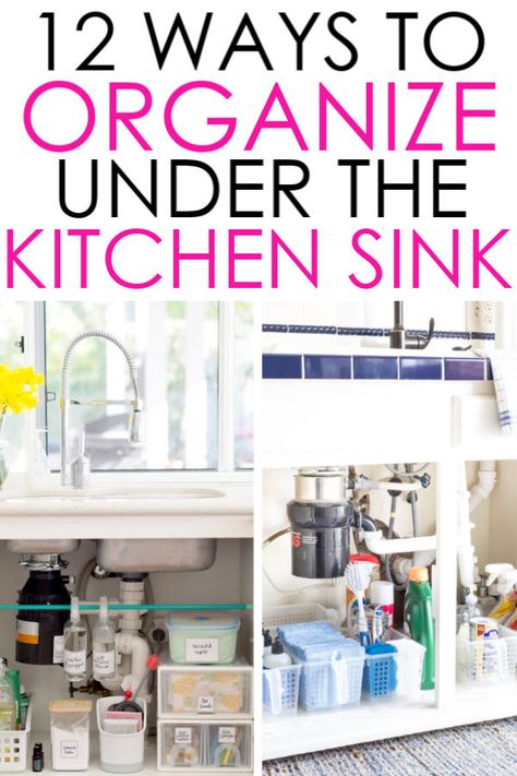 12 Ways To Organize Under The Kitchen Sink. How to work around plumbing and create more space for cleaning supplies, pet food, shopping bag storage and more! #unclutteredsimplicity Indiana, Organisation, Home Décor, Inspiration, Under Sink Organization, Organizing Cleaning Supplies, Under Kitchen Sink Organization, Under Sink Storage, Cleaning Supply Storage