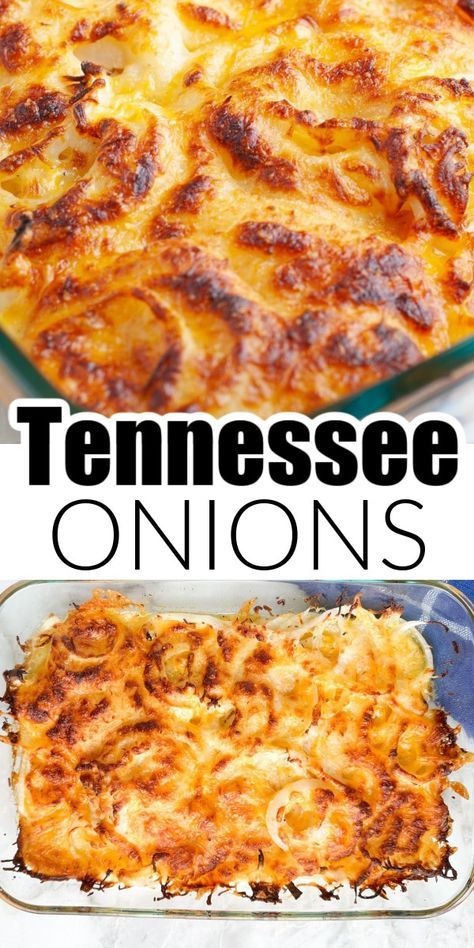 This Tennessee onions recipe is so simple but tastes amazing!!! This side dish recipe is one that everyone will want again and again. Onions, seasonings, and cheese and layered in a baking sheet and baked to golden brown perfection. Essen, Crispy Onion Fritters, Oven Baked Onions, Baked Onion Recipes, Small Onions Recipe, Easy Covered Dish Recipes, Onion Chips Baked, Tennessee Onions Recipe, Cheesy Onions