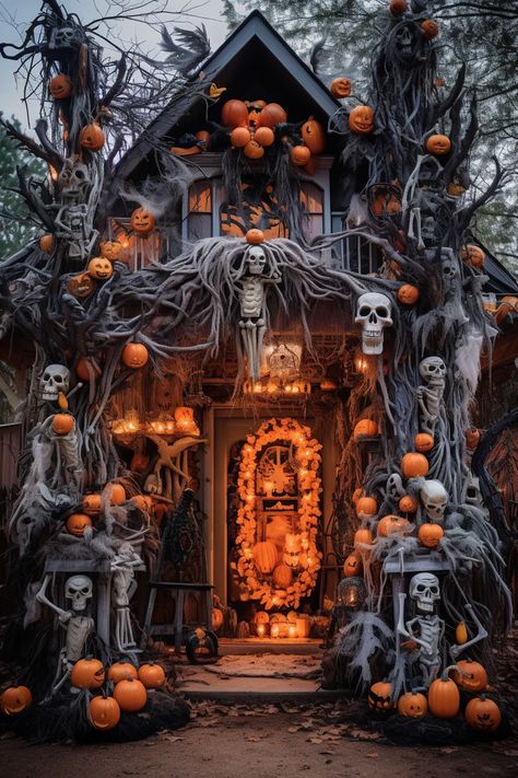 Plan the ultimate Halloween bash with our favorite decoration ideas. Explore photorealistic scenes of haunting houses, enhanced with a palette of light red and violet. The Midwest Gothic and Manapunk aesthetics blend perfectly, offering a vibrant neo-traditional twist. Let these ideas inspire your Halloween party decor. Discover more spooky and unique decoration ideas on our page. #MidwestGothicHalloween #NeoTraditionalDecor #HalloweenParty Diy, Halloween Decorations, Halloween, Spooky Halloween, Halloween Haunted Houses, Halloween Porch, Halloween Home Decor, Halloween Outdoor Decorations, Halloween House