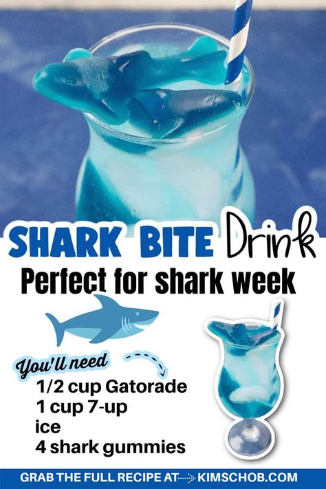 This Shark Bite Drink is a must-make shark week drink. An ocean water drink that even has a shark gummy inside. A sippable and refreshing shark-themed drink. Snacks, Shark Bite Drink Recipe, Shark Week Drinks, Shark Snacks, Shark Party Foods, Shark Bites, Kid Drinks, Shark Week, Shark Party