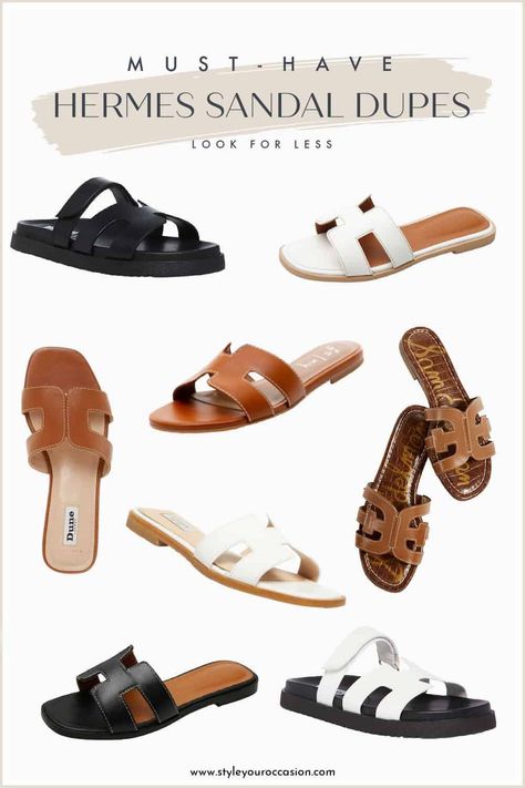 Looking for that chic Hermes aesthetic but need budget friendly options? Check out these five incredible Hermes sandals look-alike options (dupes) that give you a classy designer aesthetic without actually paying for designer sandals in 2023! Summer, Capsule Wardrobe, Dupes, Hermès, Outfits, Hermes Legend Sandals Outfit, Hermes Santorini Sandal Outfit, Hermes Oran Sandals, Hermes Slides
