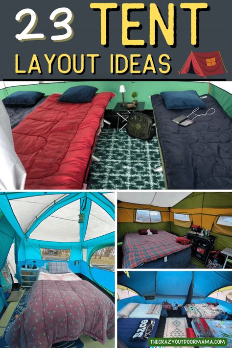 4 pictures of the interior of a tent showing different layouts. Camping And Hiking, Decoration, Camping, Rv, Backpacking, Glamping, Tent Camping, Design, Camper