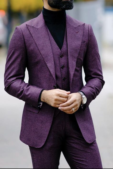 Purple suits for men wedding ideas are numerous. You can make it into a peak lapel suit with a vest, turning it into a stunning three piece suit. The finishing touches could be either a black turtleneck or a white dress shirt! . . Giorgenti, Custom Suit, Bespoke Tailer, Long Island, NYC, New York Suits, Wedding Suits, Men Suits Wedding, Wedding Suits Men, Dress Suits For Men, Mens Suits, Mens Winter Suits, Wedding Men, Slim Fit Suits