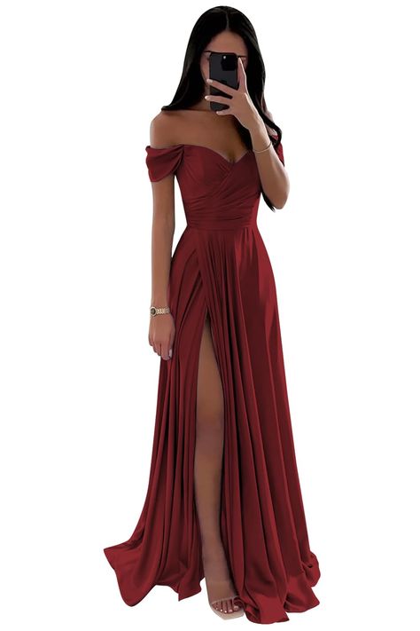 Prom, Outfits, Long Evening Gowns, Cheap Formal Dresses Long, Off Shoulder Bridesmaid Dress, Satin Bridesmaid Dresses, Burgundy Maid Of Honor Dress, Prom Dresses Long Off The Shoulder, Satin Prom Dress