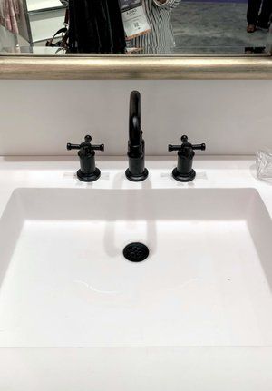 Black bathroom faucet seen at Brizo booth, KBIS 2019 | Black Faucets Inspiration, Interior, Ideas, Bathroom Taps, Vintage, Diy, Bath, Portland, Black Faucet Bathroom