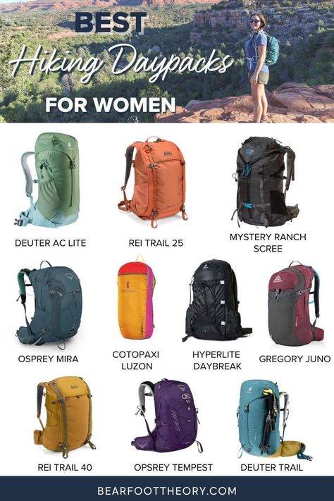 Check out the best hiking daypacks for women in a variety of sizes and get tips for finding the right fit, capacity & technical features. Outdoor, Backpacking, Camping, Backpacking Tips, Best Hiking Backpacks, Best Hiking Gear, Hiking Backpack, Hiking Essentials, Backpacking Packing