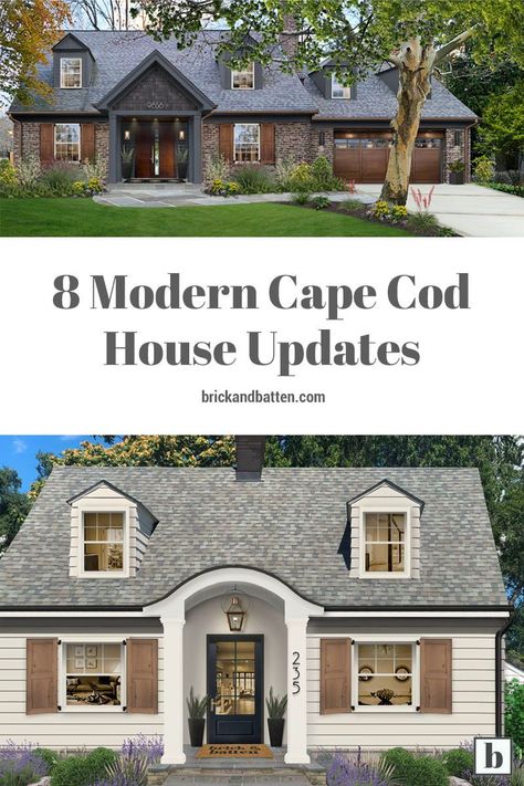 Looking to visualize modern Cape Cod house updates for your exterior? Well then you're in luck, because we've rounded up some of our favorite Cape Cods we’ve designed over the years in this list. It includes before & afters featuring both minor refinements and massive changes. Something for everyone! #brickandbatten #capecodhome #capecodstyle #capecodhomes #capecodhouse Diy, Inspiration, Outdoor, Design, Architecture, Additions To Cape Cod Style House, Cape Cod Siding, Cape Cod House Exterior, Modern Cape Cod Exterior