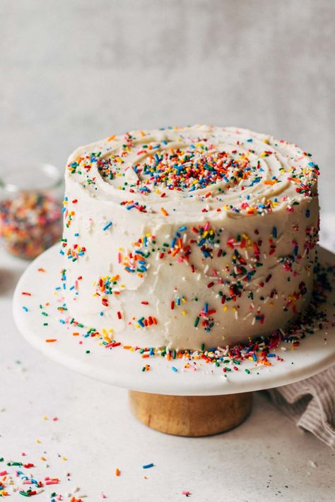 This is the BEST funfetti cake recipe! It's super moist, soft, and loaded with vanilla and sprinkles. It's smothered in a simple American buttercream to make a perfect classic birthday cake. #funfetti #birthdaycake #funfetticake #layercake #butternutbakery | butternutbakeryblog.com Cake And Buttercream Recipe, Fingertips Birthday Cake, Sprinkles Smash Cake, Celebration Cake Recipes, Birthday Cake From Box Cake, Mini Birthday Cake Recipe, Easy Birthday Cakes For Men, Homemade Bluey Cake, Simple Birthday Cake Recipe
