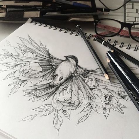20 Pencil Art Drawing Ideas to Inspire You - Beautiful Dawn Designs Tattoos, Flower Tattoos, Tattoo Sketches, Back Tattoo, Hummingbird Tattoo, Tattoo, Bird Tattoo Neck, Bird Tattoo Back, Birds Tattoo