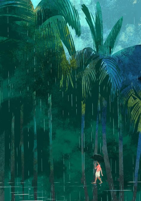 Rain and Life Illustrations by Vipin Das Rain Illustration, Watercolor House Painting, Rain Painting, Jungle Illustration, Rain Art, Jungle Art, Background Drawing, Walking In The Rain, Art Drawings Beautiful