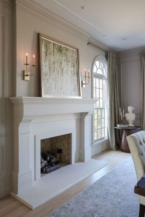 Benjamin Moore, Home Décor, French Fireplace Surround, Transitional Fireplace Design, Limestone Fireplace Mantle, French Country Fireplace Ideas, French Country Fireplace, White Fireplace, Stone Fireplace Mantle