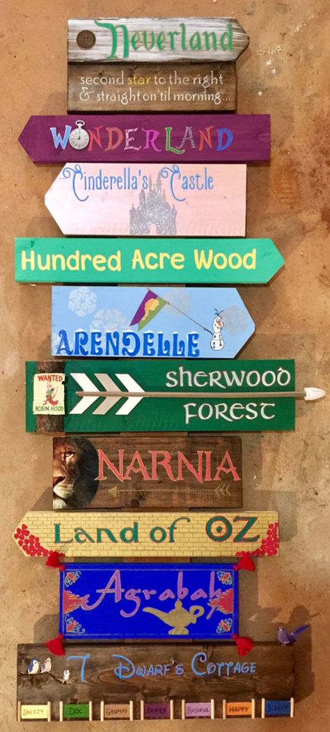Fantasy Fictional Fairytale Literary Destinations Directional | Etsy Decoration, Ideas, Fairy Tales, Disney, Fairytale Party, Little Free Libraries, Fantasy Theme, Disney Classroom, Fantasy Decor
