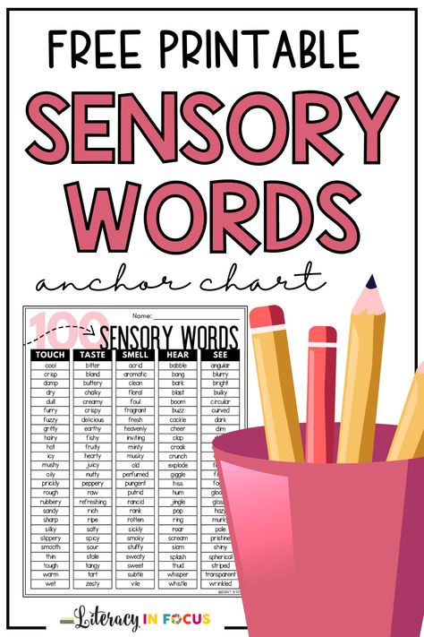 Use this FREE printable PDF list of 100 sensory words to teach imagery! It’s perfect for teaching students in upper elementary and middle school how to add descriptive details to their narrative writing. Use the list to create an anchor chart to help students add sensory language to their writing. Inspire creativity and improve writing with this helpful worksheet! Click to get your freebie now! #4thgrade #5thgrade #thirdgrade #fourthgrade #fifithgrade Literacy, Anchor Charts, Sensory Words, Sensory Language, Sensory Details, Teaching Writing, 4th Grade Writing, Word Choice Anchor Chart, Descriptive Writing Activities