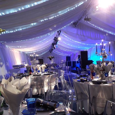 Winter wonderland theme with LED fairy lights and blue colour flush effect through out with LED downlighting and uplighting #winterwonderland #winterwonderlandwedding #winterwedding #winterweddingideas #marqueelights #christmasparty Ideas, Wonderland, Winter, Lights, Winter Wonderland Wedding, Winter Wonderland Theme, Winter Wonderland, Led Fairy Lights, Marquee Lights