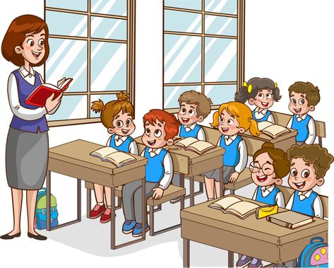 Illustration with kids and teacher in a classroom. Education illustration. Vector interior. Teacher with pupils in a classroom. Primary school kids. Children listen to teacher. 21553487 Vector Art at Vecteezy Design, Student Clipart, School Clipart, School Cartoon, School Children, Student Cartoon, School Images, Classroom Pictures Of Students, Student Images