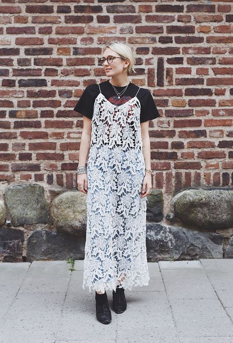 Transition your summer dresses into fall with these stylish outfit ideas for layering T-shirts | @josefindahlberg in white lace maxi dress, black graphic tee Mac, Vintage, Retro, Shirt Under Dress, Maxi Dress, Layered Shirts, Dress, Cozy Fashion, T Shirt Under Dress