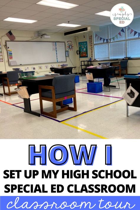 It's almost time for back to school and I am sure you are thinking about how you will setup your special education high school classroom. In this post, I am giving you a tour of my self-contained classroom. We have sensory areas for movement breaks and each student has a file folder Velcroed to their desk with daily work. We have a finished work areas and independent work area which has task boxes and file folder games. You will also find a word wall and visual schedules for each student. High School, High School Special Education Classroom Setup, High School Special Education Classroom, Special Education Classroom Setup, Middle School Special Education, Middle School Classroom, Classroom Setup Middle School, High School Classroom, High School Special Education