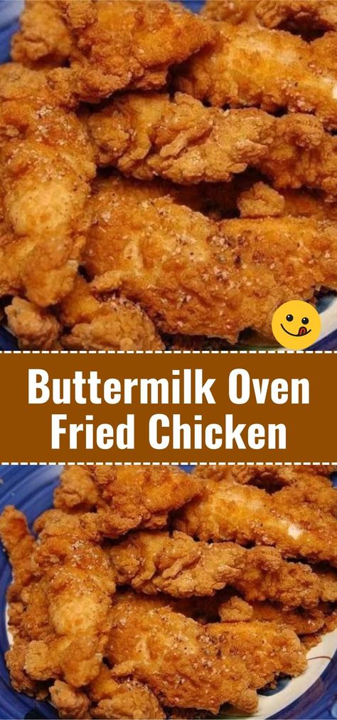 Get the taste of fried chicken with less mess and fewer calories. This recipe uses buttermilk for tenderizing the chicken, which is then coated in seasoned breadcrumbs and baked until crispy. Ideas, Snacks, Baked Buttermilk Chicken, Buttermilk Oven Fried Chicken, Buttermilk Fried Chicken, Buttermilk Chicken Tenders, Buttermilk Chicken, Oven Fried Chicken, Oven Fried Chicken Recipes
