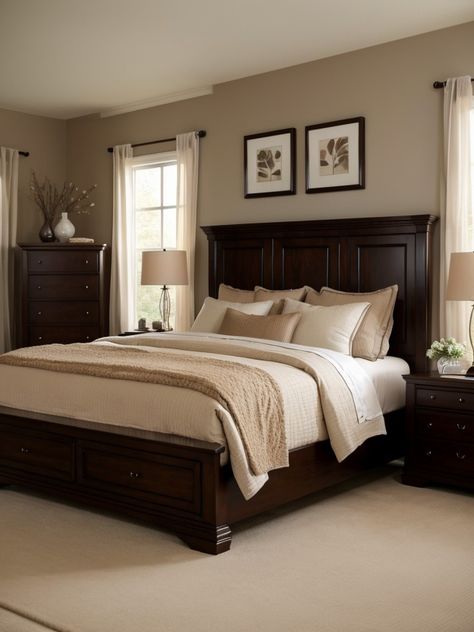Warm Up Your Space with Brown Bedroom Decor Ideas - Bedroom Inspo Cherry Brown Bedroom Furniture, Beige And Dark Wood Bedroom, Bedrooms With Brown Carpet, Bedroom Inspo Dark Wood, Brown And Tan Bedroom, Espresso Furniture Bedroom, Bedroom Ideas With Brown Furniture, Dark Brown Bedroom Furniture, Bedroom Ideas Brown Furniture